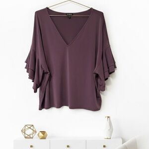 Express| Contemporary Plum V-Neck Triple Flounced Ruffle Sleeve Blouse Sz L